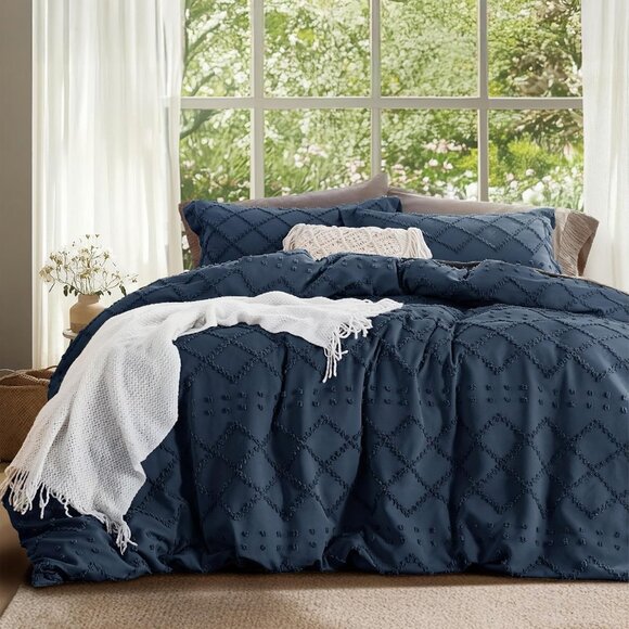 3PC KING DUVET SET Navy Blue Boho Cottage Tufted Design Duvet & 2 Shams NEW - Picture 1 of 6
